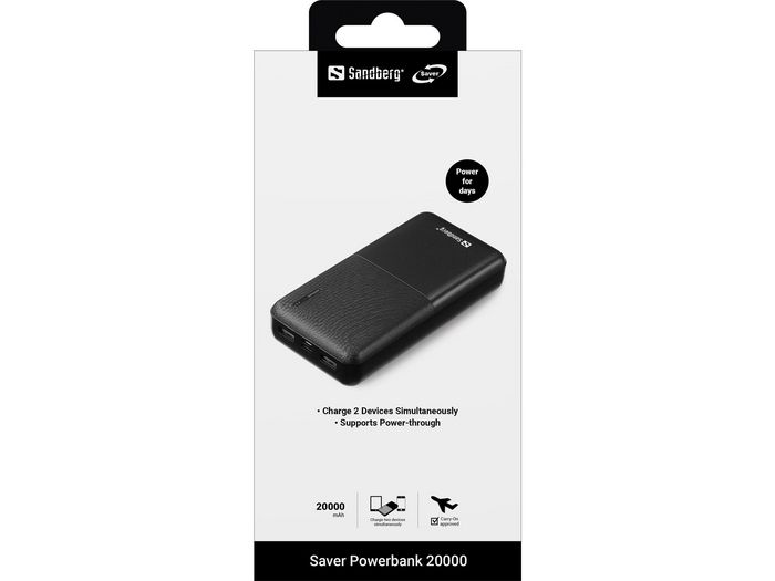 Sandberg Saver Powerbank 20000 mAh - Charge rapide USB-C et USB-A, batterie portable de grande capacité