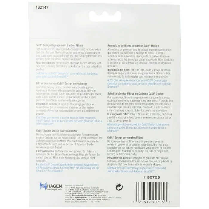 Catit - Recharge 2 filtres au charbon pour bac à litière couvert - Élimination des odeurs - 15x20 cm