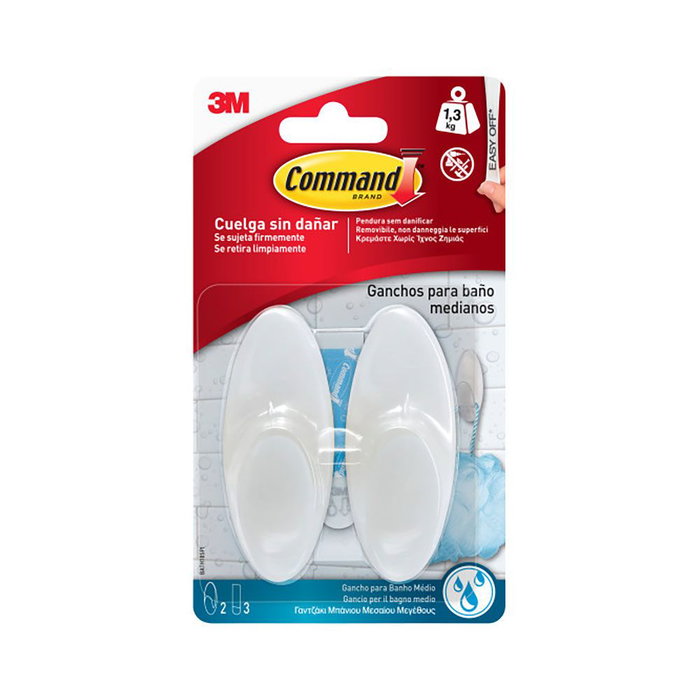 3M Crochet pour salle de bain, blanc, taille moyenne, 35 x 86 x 29 mm, 2 pièces + 3 bandes, charge max 1,3 kg 3M Crochet pour salle de bain, blanc, taille moyenne, 35 x 86 x 29 mm, 2 pièces + 3 bandes, charge max 1,3 kg