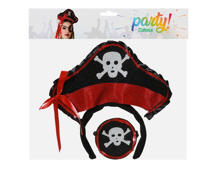 Atosa Diadema con Sombrero Pirata Negro y Detalles Rojos con parche Atosa Diadema con Sombrero Pirata Negro y Detalles Rojos con parche