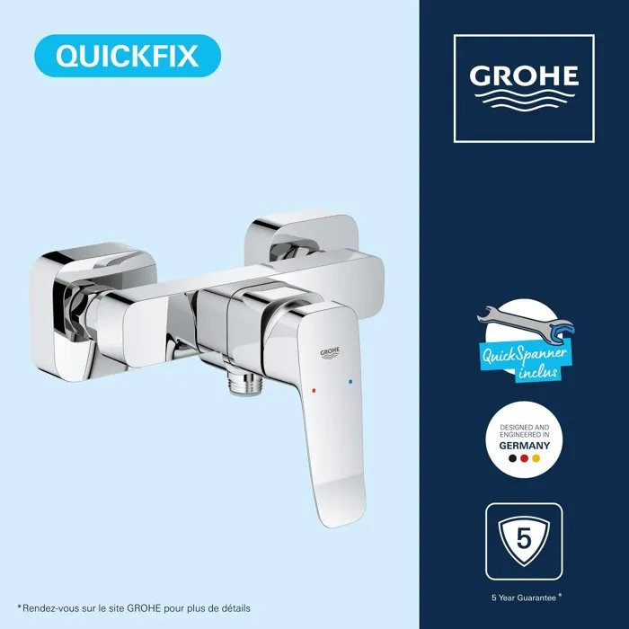 Grohe DICE - Mitigeur de douche mural chromé, technologie SilkMove, débit 5 l/min à 3 bars, installation QuickMount