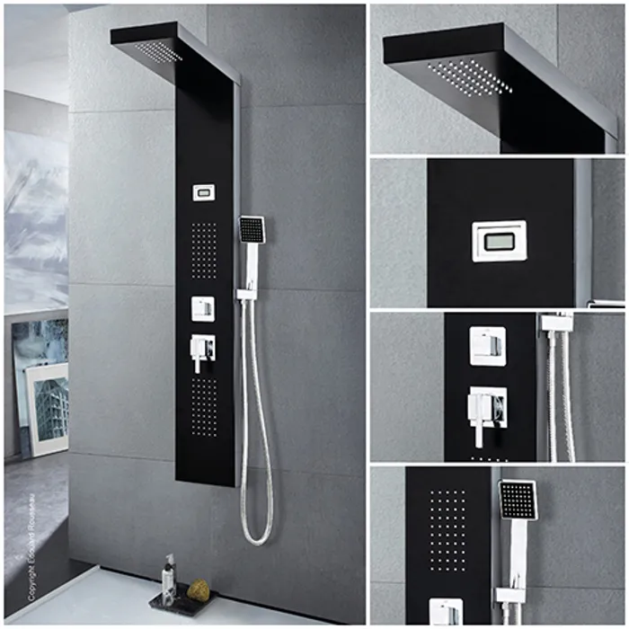 Edouard Rousseau Colonne de douche hydromassante TORQUAY - Finition noire - Panneau en inox avec affichage température - Tête et douchette anticalcaires