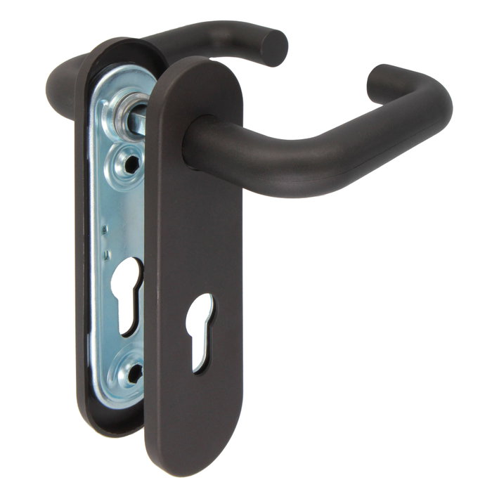 Jeu de poignées de porte avec plaque et protection de serrure acier noir pour extérieur Jeu de poignées de porte avec plaque et protection de serrure acier noir pour extérieur