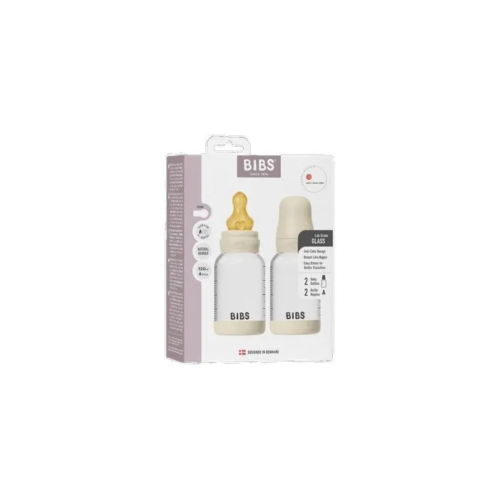 Bibs Lot de 2 Biberons en Verre 120 ml Ivory avec Tétine en Caoutchouc Naturel