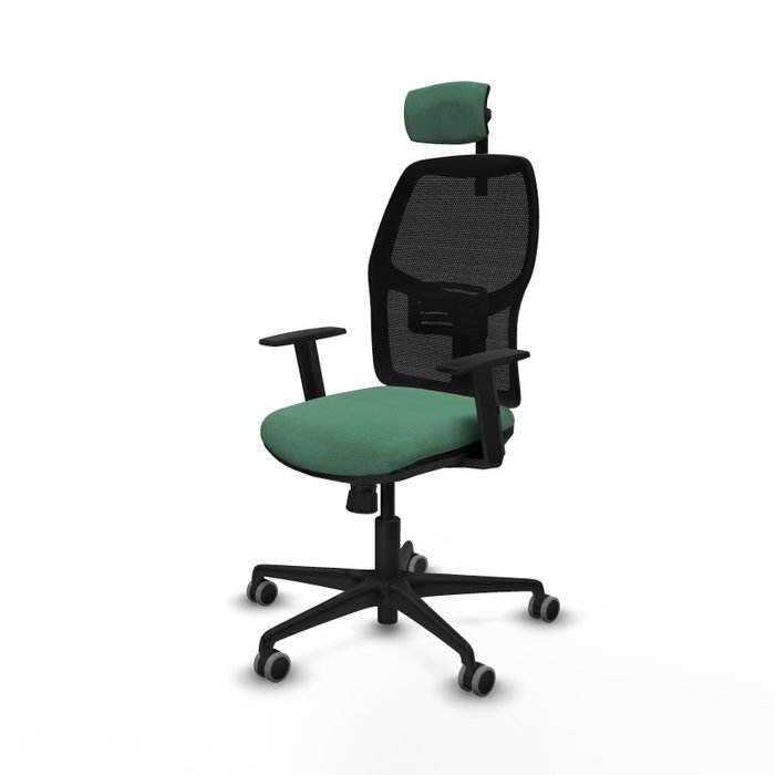 Chaise Alfera Synchro 4 positions tissu Vert émeraude Maille Noir Base en nylon noir Accoudoir 1D Appui-tête 2D Roulettes 65mm pour moquette