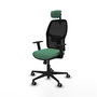 Chaise Alfera Synchro 4 positions tissu Vert émeraude Maille Noir Base en nylon noir Accoudoir 1D Appui-tête 2D Roulettes 65mm pour moquette