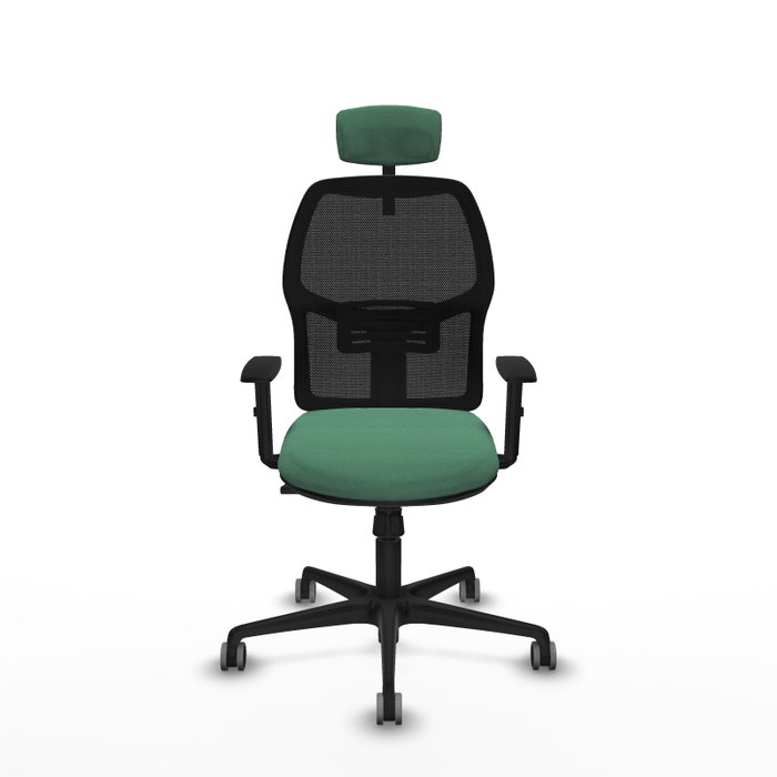 Chaise Alfera Synchro 4 positions tissu Vert émeraude Maille Noir Base en nylon noir Accoudoir 1D Appui-tête 2D Roulettes 65mm pour moquette