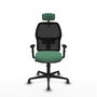 Chaise Alfera Synchro 4 positions tissu Vert émeraude Maille Noir Base en nylon noir Accoudoir 1D Appui-tête 2D Roulettes 65mm pour moquette