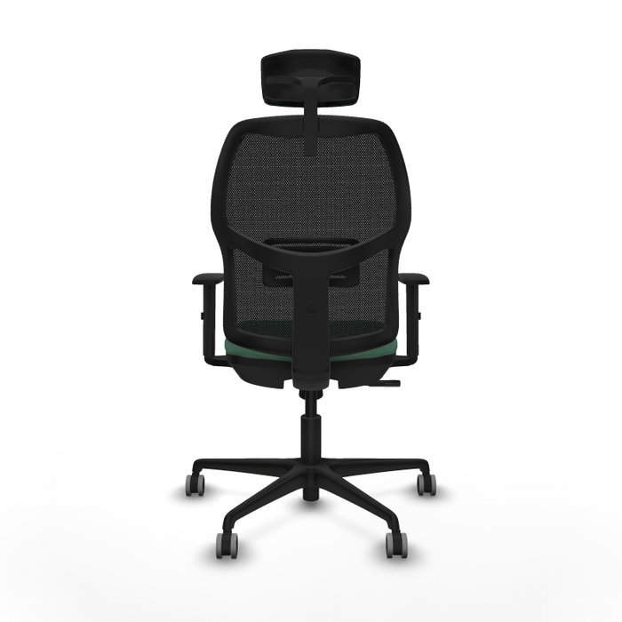 Chaise Alfera Synchro 4 positions tissu Vert émeraude Maille Noir Base en nylon noir Accoudoir 1D Appui-tête 2D Roulettes 65mm pour moquette