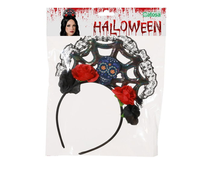 Diadema Diadème Halloween à Motif Toile d'Araignée Noir et Rouge avec Calavera et Fleurs - Accessoire Déguisement Dia de los Muertos, Catrina, Adulte
