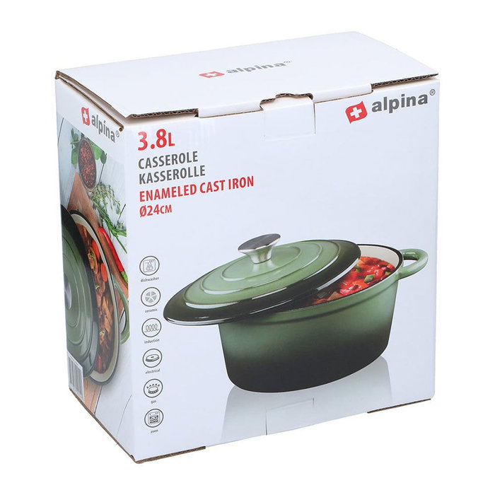 Alpina Casserole en fonte émaillée verte 3,8 L Ø24 x 11,8 cm