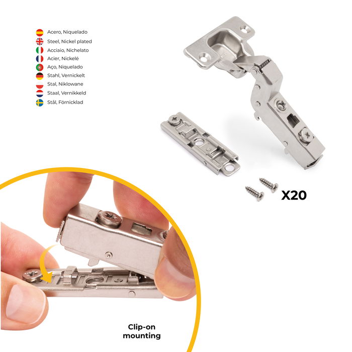Emuca Lot de 20 charnières super coudées X91 à fermeture amortie avec embases droite à visser, Hauteur 1, Acier, Nickelé Emuca Lot de 20 charnières super coudées X91 à fermeture amortie avec embases droite à visser, Hauteur 1, Acier, Nickelé