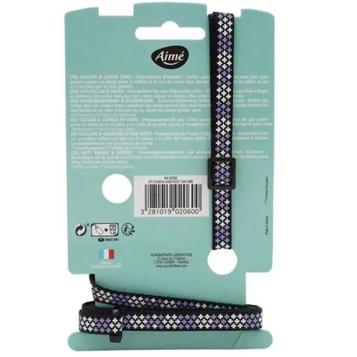 AIMÉ - Kit collier et laisse réfléchissant pour chat, violet, ajustable 18-28 cm avec grelot et boucle de sécurité AIMÉ - Kit collier et laisse réfléchissant pour chat, violet, ajustable 18-28 cm avec grelot et boucle de sécurité