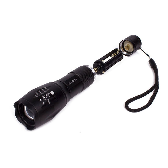 Hofftech Linterna tactique LED 5W superbeam, aluminium, zoom 2000, 3 piles AAA, IP44, noir
