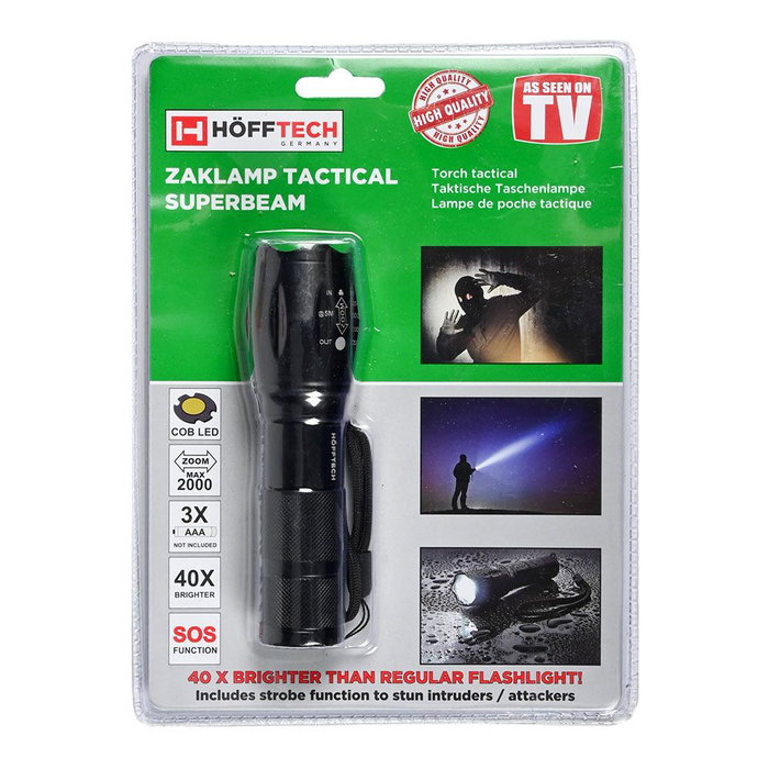 Hofftech Linterna tactique LED 5W superbeam, aluminium, zoom 2000, 3 piles AAA, IP44, noir