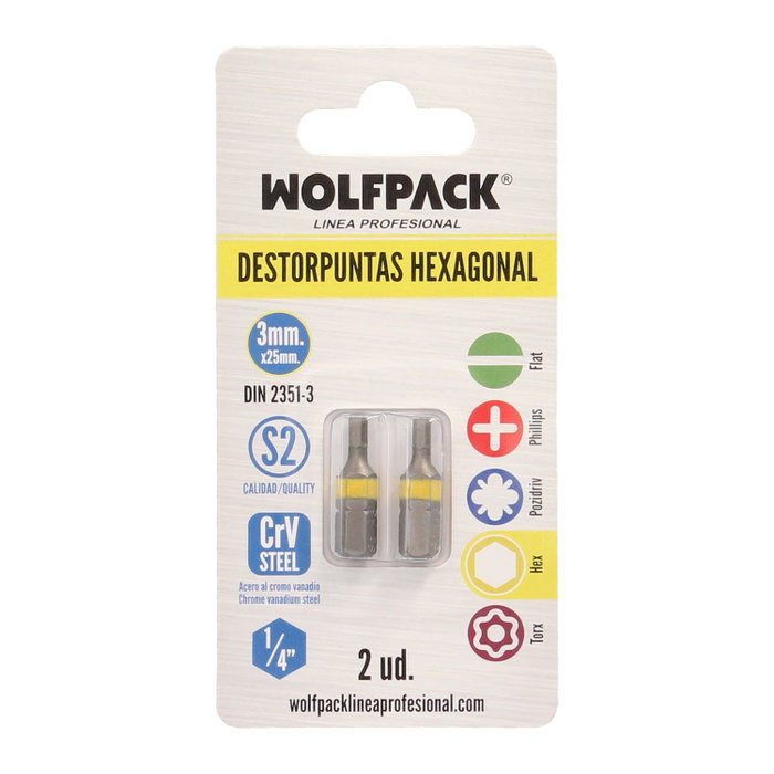 WOLFPACK LINEA PROFESIONAL Lot de 2 embouts hexagonaux 3,0 mm en acier S2