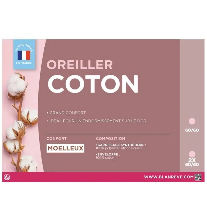 Blanreve Oreiller en coton Blanc 60 x 60 cm, Housse 100% coton, Garnissage polyester fibre creuse siliconée 550 g - Confort moelleux