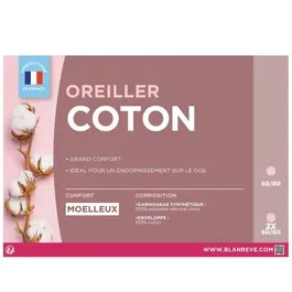 Blanreve Oreiller en coton Blanc 60 x 60 cm, Housse 100% coton, Garnissage polyester fibre creuse siliconée 550 g - Confort moelleux