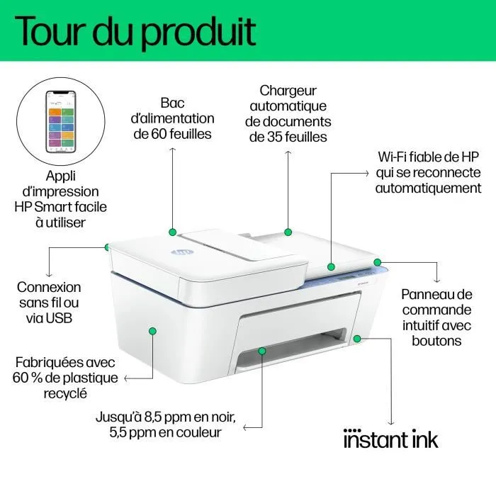 HP Deskjet 4222e Imprimante Tout-en-Un à Jet d'Encre Couleur avec Copie, Scan, Wi-Fi, Impression Mobile et 3 Mois d'Instant Ink inclus via HP+