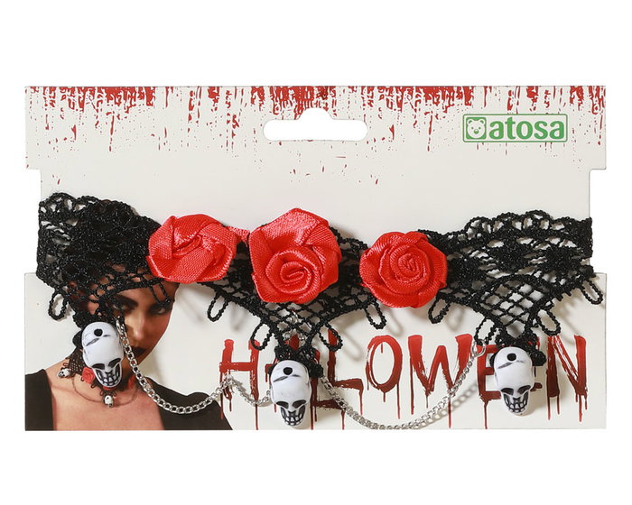 Collar Catrina Gothique en Acier Inoxydable avec Pendentif Crâne et Fleurs Rouges - Collier Gothique pour Déguisement Halloween Collar Catrina Gothique en Acier Inoxydable avec Pendentif Crâne et Fleurs Rouges - Collier Gothique pour Déguisement Halloween