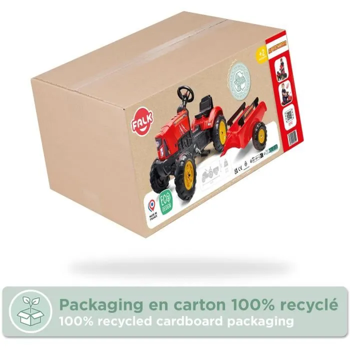 FALK SuperCharger - Tracteur à pédales avec volant directionnel et remorque - Pour enfants 2 à 5 ans - Fabriqué en France avec 50% plastique recyclé