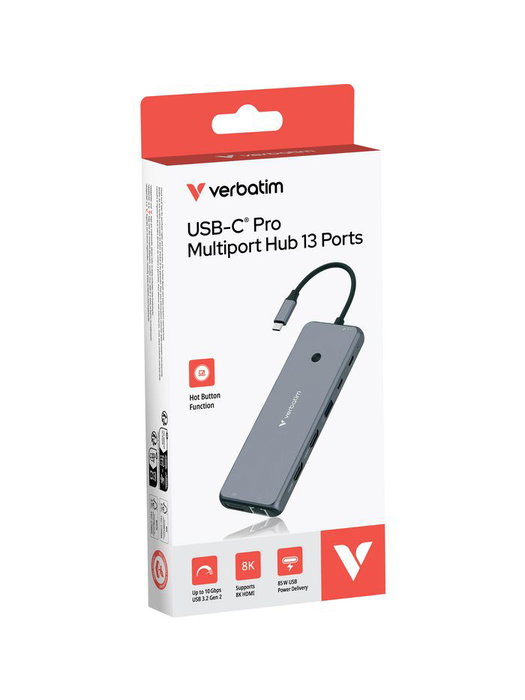 Verbatim Hub Pro Multiports USB-C 13 Ports CMH-13 - Hub USB-C avec 2x HDMI 8K, DisplayPort 4K, Ethernet Gigabit, 6x USB-A et 2x USB-C PD 85W