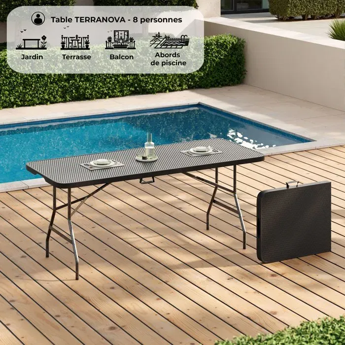 TERRANOVA Table de réception pliante 8 personnes - Plateau PEHD aspect résine tressé 180x74 cm - Structure acier robuste - Noir