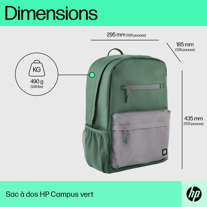 HP Sac à dos Campus pour ordinateur portable 15.6 pouces, organisation avec sangles rembourrées et compartiment sécurisé, vert