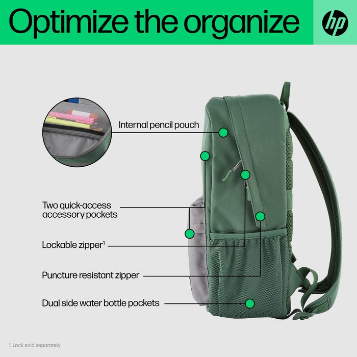 HP Sac à dos Campus pour ordinateur portable 15.6 pouces, organisation avec sangles rembourrées et compartiment sécurisé, vert