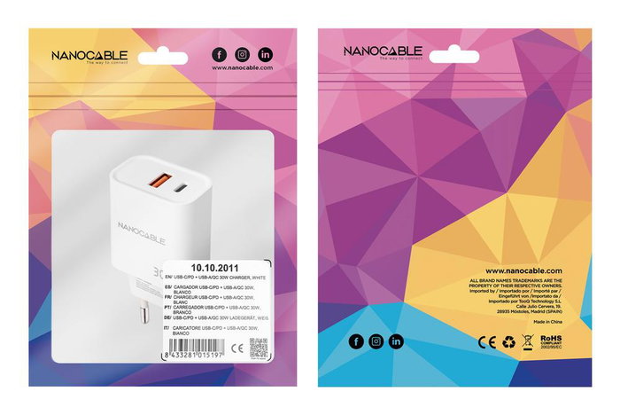Nanocable Chargeur USB-C PD + USB-A QC 30W Blanc - Adaptateur Secteur Compact Double Port avec Power Delivery et Quick Charge Nanocable Chargeur USB-C PD + USB-A QC 30W Blanc - Adaptateur Secteur Compact Double Port avec Power Delivery et Quick Charge
