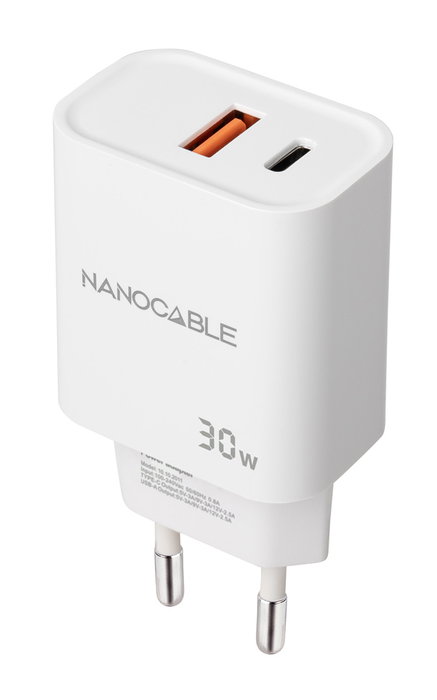 Nanocable Chargeur USB-C PD + USB-A QC 30W Blanc - Adaptateur Secteur Compact Double Port avec Power Delivery et Quick Charge Nanocable Chargeur USB-C PD + USB-A QC 30W Blanc - Adaptateur Secteur Compact Double Port avec Power Delivery et Quick Charge