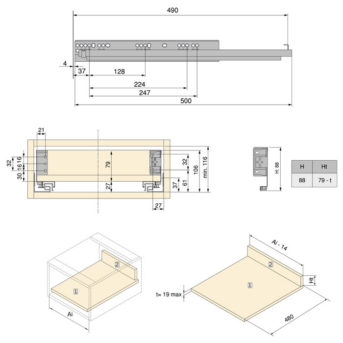 Emuca Tiroir extérieur Simplex, hauteur 88 mm, profondeur 490 mm, blanc