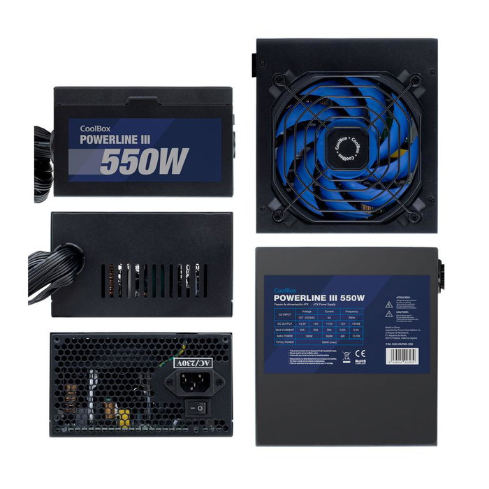 Coolbox PowerLine III 550W Alimentation ATX 80% Efficacité 120mm Silencieux Noir