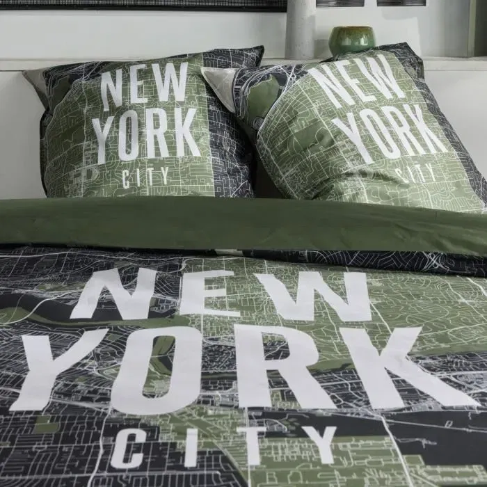 Today Parure de Lit JAVA, 240x220 cm + 2 Taies, 100% Coton, Imprimé New York Vert, Pour Lit 2 Personnes
