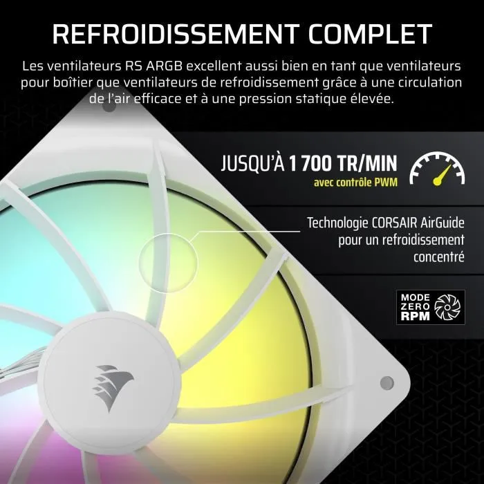 Corsair CO-9050186-WW RS140 ARGB - Ventilateur PC 140 mm Blanc - Pression d'air 3.46 mmH2O - Vitesse 330-1700 tr/min - Single Pack