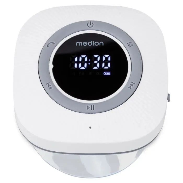 MEDION Radio de Douche FM Bluetooth 5.0 IPX6 Étanche avec Ventouse, Autonomie 12h, Mains Libres, Alarme, Blanc