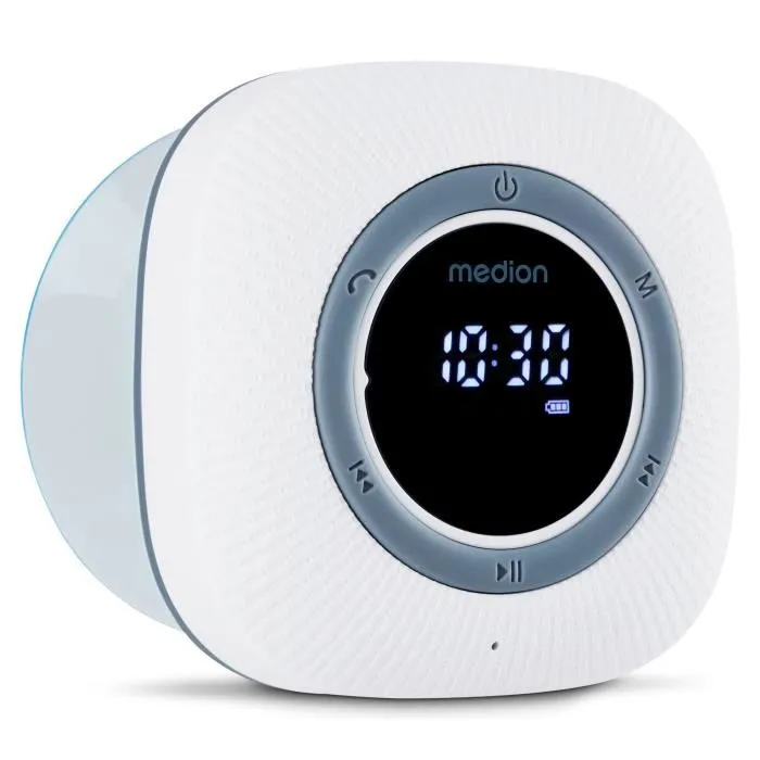 MEDION Radio de Douche FM Bluetooth 5.0 IPX6 Étanche avec Ventouse, Autonomie 12h, Mains Libres, Alarme, Blanc