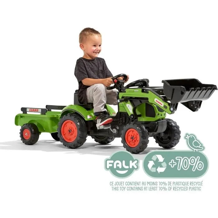 Falk - Tractopelle à pédales Claas Arion 410 avec remorque et klaxon - Jouet en plastique recyclé fabriqué en France - Vert - Pour enfants de 2 à 5 ans