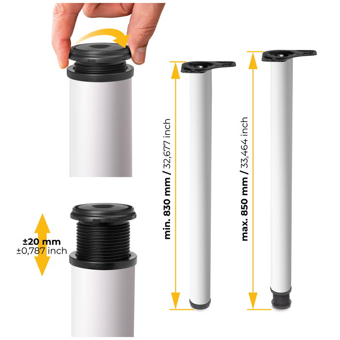 Emuca Lot de 4 pieds de table, diamètre 60mm, H 830mm, Acier, Peint en blanc