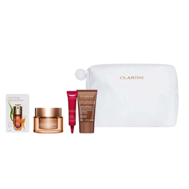 Clarins Coffret Collection Extra-Firming : Crème de Jour Raffermissante 50 ml, Crème de Nuit 15 ml, Sérum Total Eye Lift 7 ml + Échantillon Double Serum 0.9 ml et Pochette Blanche