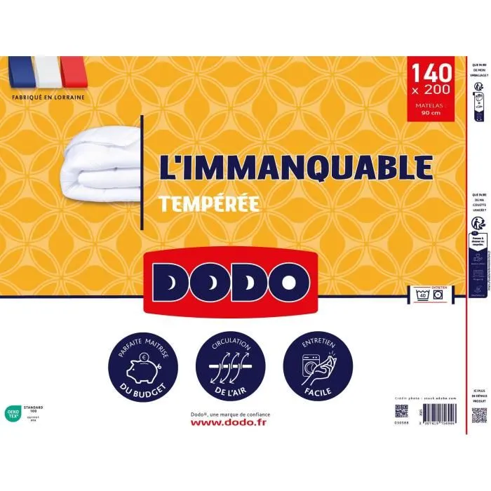 Dodo Couette tempérée L'IMMANQUABLE - 140 x 200 cm - 250G/m² - Garnissage fibre VOLUPT'AIR - Enveloppe toucher peau de pêche - Blanc - Fabriqué en France Dodo Couette tempérée L'IMMANQUABLE - 140 x 200 cm - 250G/m² - Garnissage fibre VOLUPT'AIR - Enveloppe toucher peau de pêche - Blanc - Fabriqué en France
