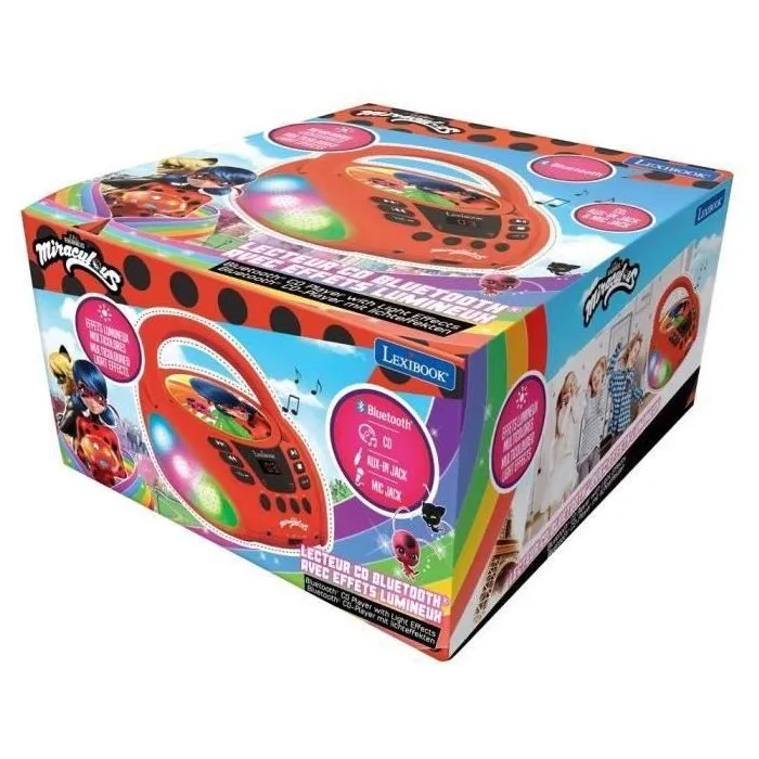 Lexibook Lecteur CD Bluetooth Miraculous pour Enfant avec Effets Lumineux, Compatible CD/CD-R/CD-RW, Bluetooth 5.0, Prise Aux-In et Micro - MIRACULOUS