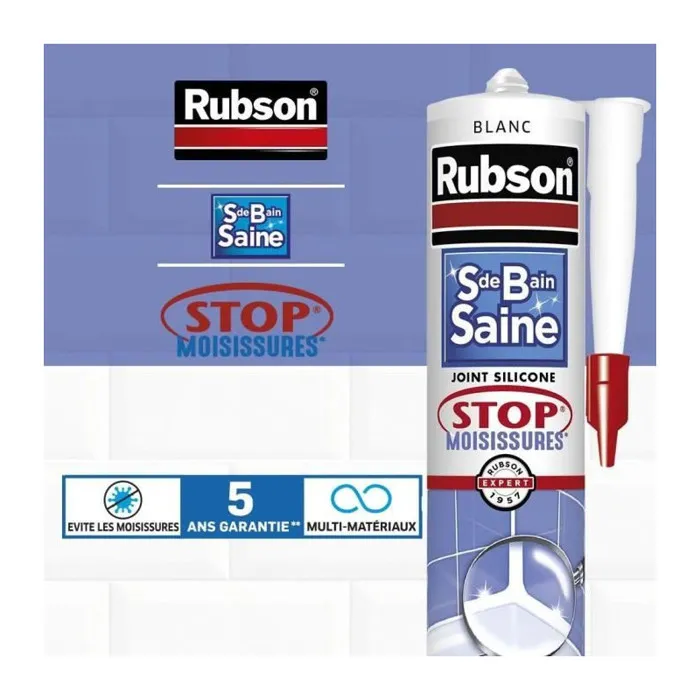 Rubson Stop Moisissure Sanitaire - Mastic silicone anti-moisissures pour sanitaires, cartouche étanche pour joints d'éviers et douches