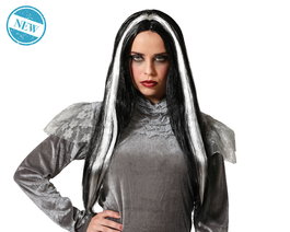 Peluca Larga Vampiresa Blanca Y Negra 60 cm Con Mechas - Perruque longue vampires blanche et noire 60 cm avec mèches