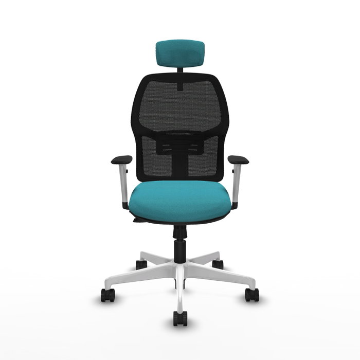Chaise Alfera Synchrone/Traslack Maille/tissu Turquoise Maille Noir Structure polyamide blanc Accoudoirs noirs et blancs Appui-tête 2D Roulettes 65mm nylon Chaise Alfera Synchrone/Traslack Maille/tissu Turquoise Maille Noir Structure polyamide blanc Accoudoirs noirs et blancs Appui-tête 2D Roulettes 65mm nylon
