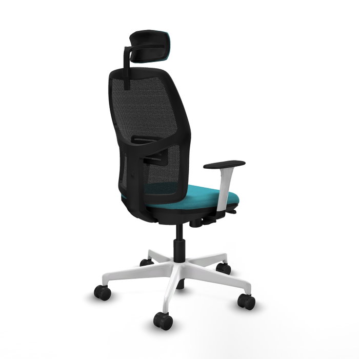 Chaise Alfera Synchrone/Traslack Maille/tissu Turquoise Maille Noir Structure polyamide blanc Accoudoirs noirs et blancs Appui-tête 2D Roulettes 65mm nylon Chaise Alfera Synchrone/Traslack Maille/tissu Turquoise Maille Noir Structure polyamide blanc Accoudoirs noirs et blancs Appui-tête 2D Roulettes 65mm nylon