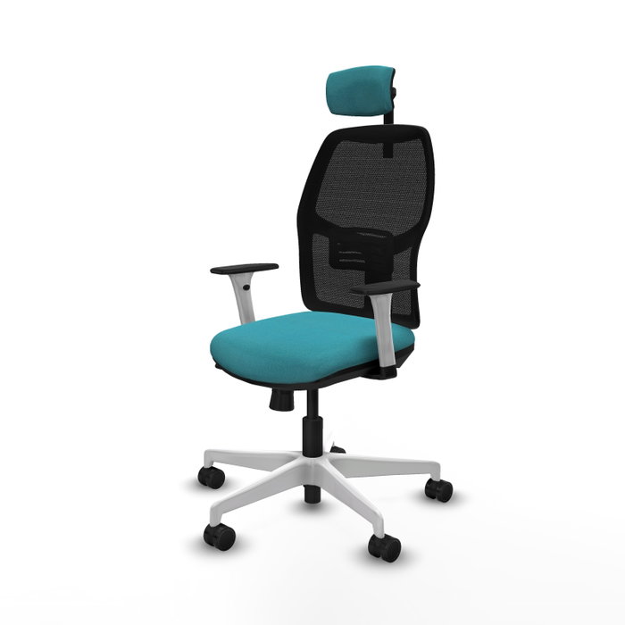 Chaise Alfera Synchrone/Traslack Maille/tissu Turquoise Maille Noir Structure polyamide blanc Accoudoirs noirs et blancs Appui-tête 2D Roulettes 65mm nylon Chaise Alfera Synchrone/Traslack Maille/tissu Turquoise Maille Noir Structure polyamide blanc Accoudoirs noirs et blancs Appui-tête 2D Roulettes 65mm nylon