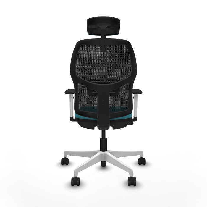 Chaise Alfera Synchrone/Traslack Maille/tissu Turquoise Maille Noir Structure polyamide blanc Accoudoirs noirs et blancs Appui-tête 2D Roulettes 65mm nylon Chaise Alfera Synchrone/Traslack Maille/tissu Turquoise Maille Noir Structure polyamide blanc Accoudoirs noirs et blancs Appui-tête 2D Roulettes 65mm nylon