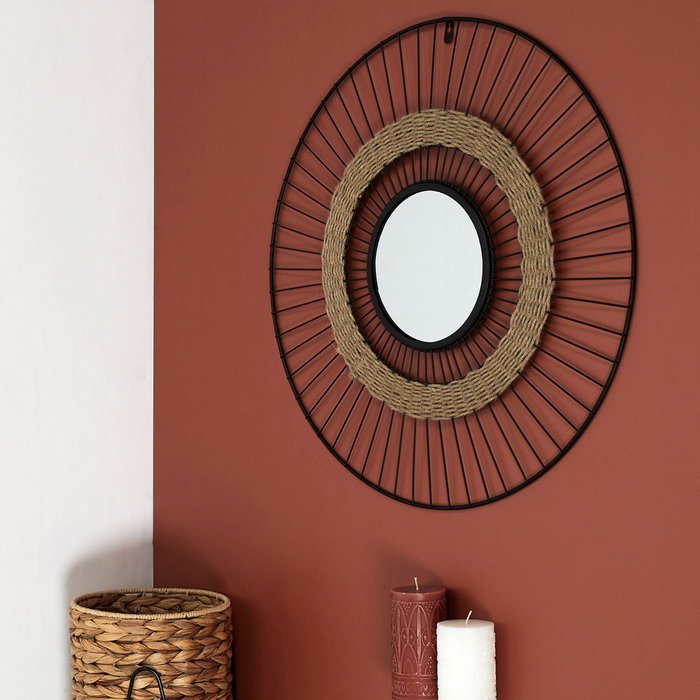 Home Deco Factory Miroir Mural Décoratif de 60 cm en Fil de Fer et Rotin