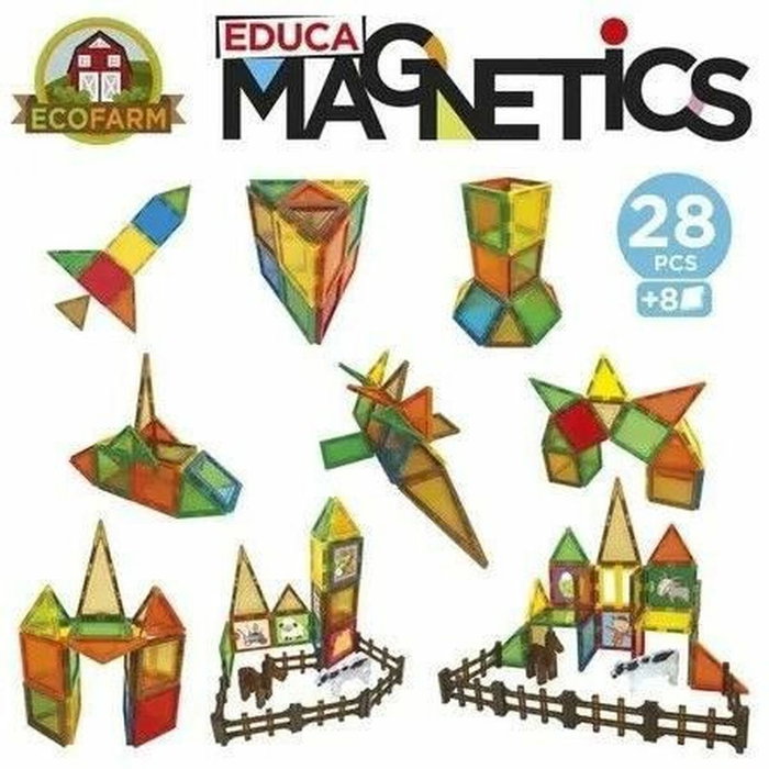 Educa Magnetics Ecoferme - Jeu de construction magnétique de 28 pièces avec 2 animaux et 8 cartes
